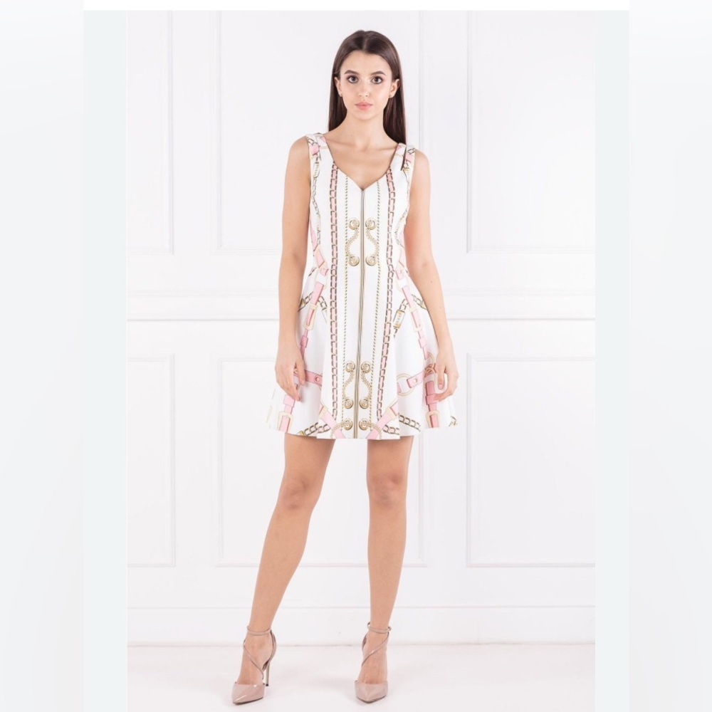 Guess Galina Chain Print Dress in Ivory and Pink/ Size XS